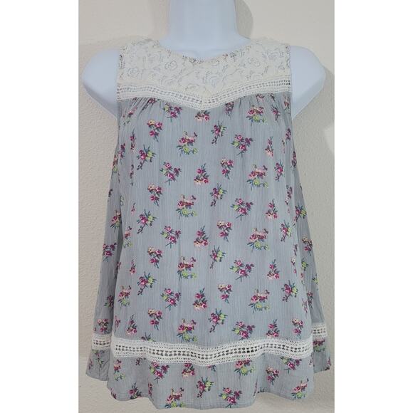 Hummingbird Blue White Stripe Floral Print Tank Shirt Small Lace Bodice Soft - Picture 1 of 6